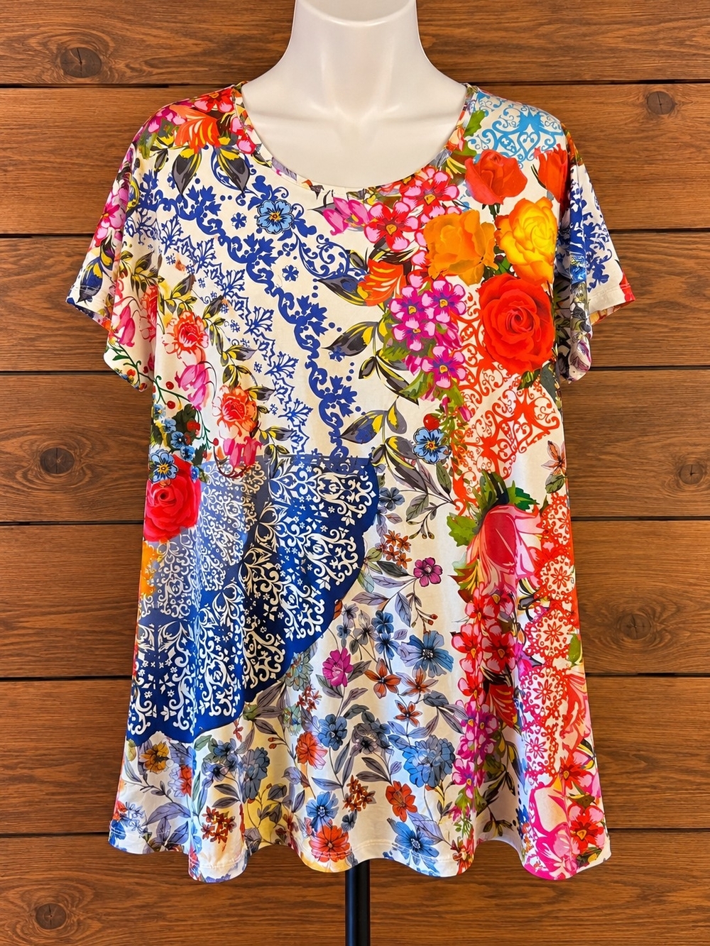 Johnny Was Multicolor Floral Patchwork Tunic Top